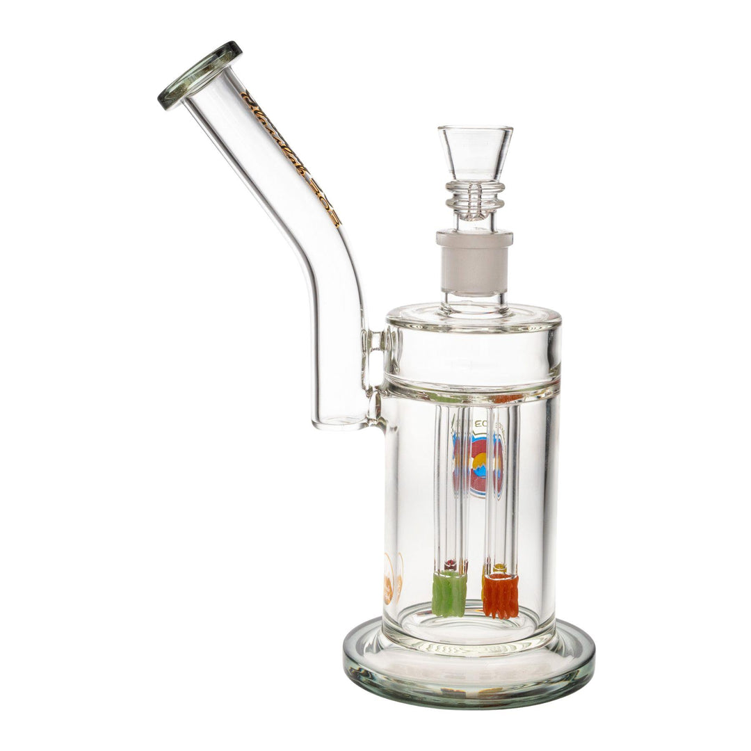 "Right-side of a Quadruple Colored Lace Glass Lab 303 Water Pipe on a white background," - Up N Smoke.