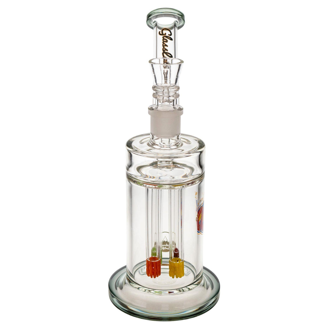 "Front of a Smoky Glass Lab 303 Quadruple Colored Lace Water Pipe on a white background," - Up N Smoke.