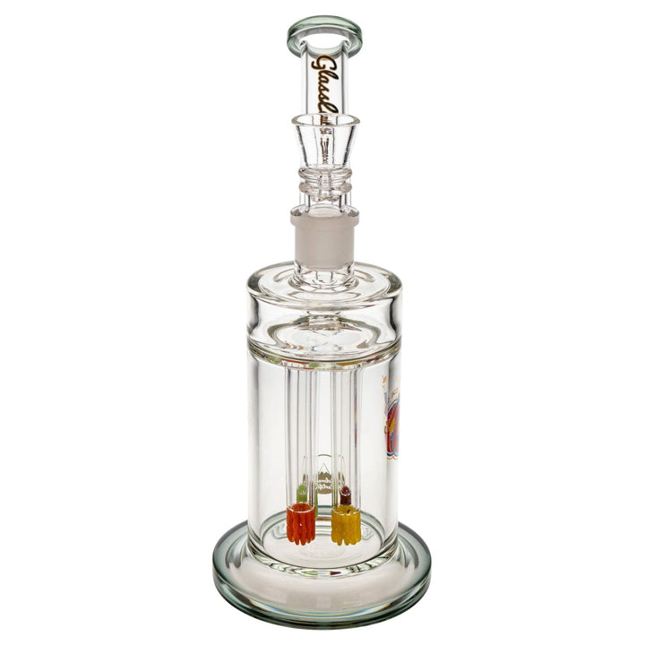 "Front of a Smoky Glass Lab 303 Quadruple Colored Lace Water Pipe on a white background," - Up N Smoke.