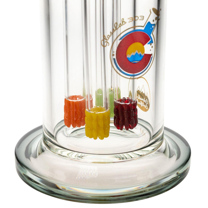 "Close-up of the interior of a Quadruple Colored Lace Water Pipe, showcasing the four percolators," - Up N Smoke