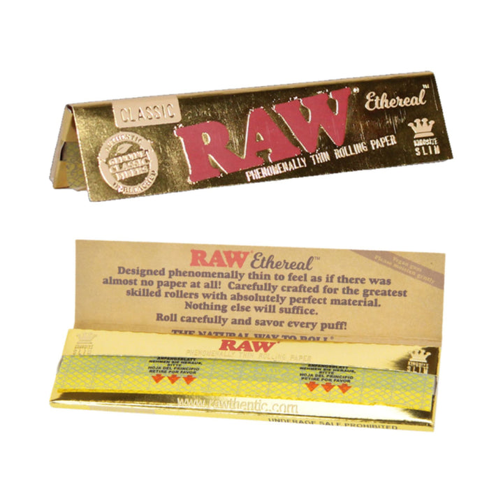 "Two packs of RAW Ethereal King-Size Slim papers on a white background," - Up N Smoke.