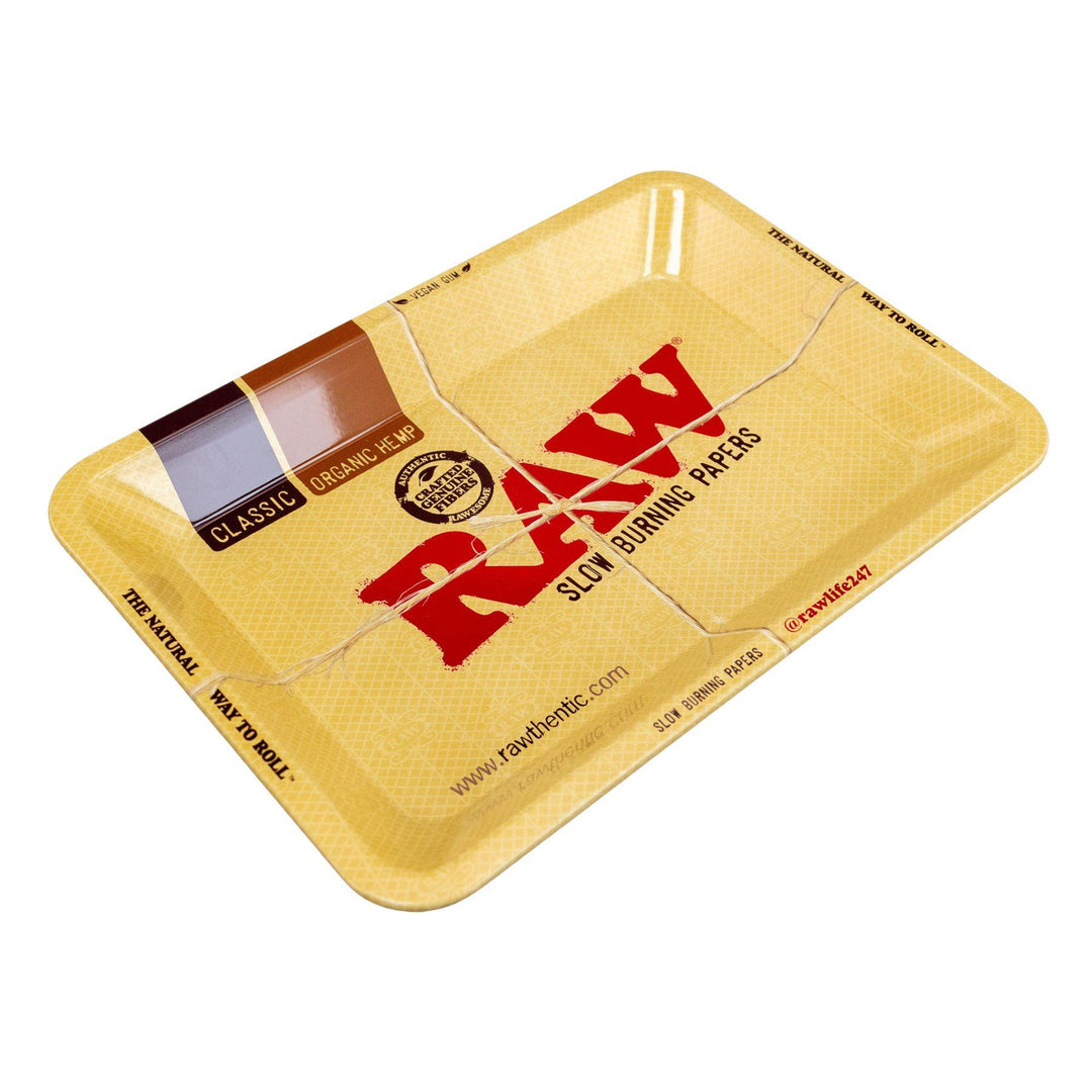 "RAW Classic Mini Rolling Tray that is 7'' x 5'' and features their original logo design," - Up N Smoke.
