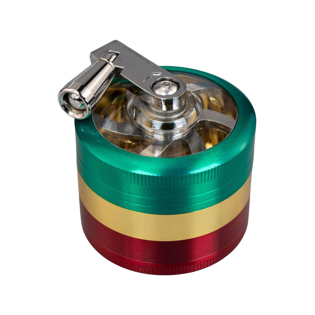 "Rasta Lever Grinder that has four compartments on a white background," - Up N Smoke.