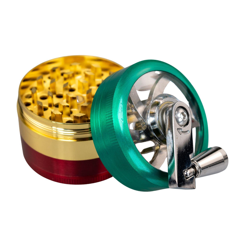 "Top of a Rasta Lever Grinder leaned up against the rest of the tool on a white background," - Up N Smoke.