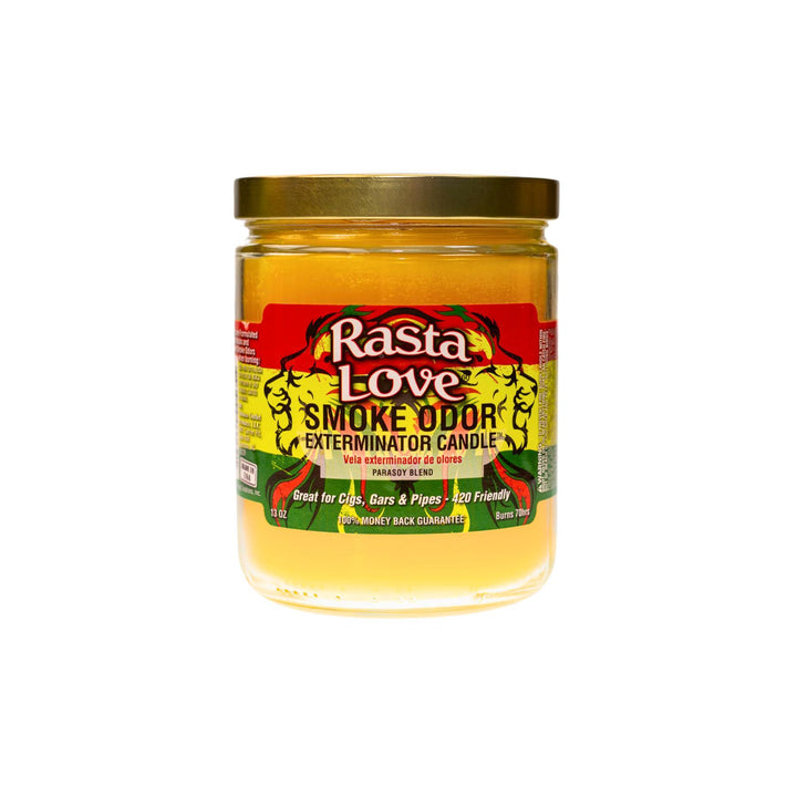 "A studio photograph of Rasta Love Smoke Odor Exterminator Candle. The label depicts the rasta colors of red, yellow, and green, and features two lions on it. Inside, the wax is a bright yellow." - Up N Smoke.