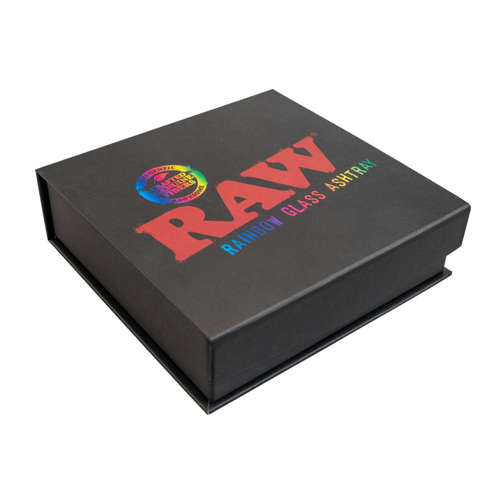 "Raw Rainbow Glass Ashtray black box on a white background," - Up N Smoke.
