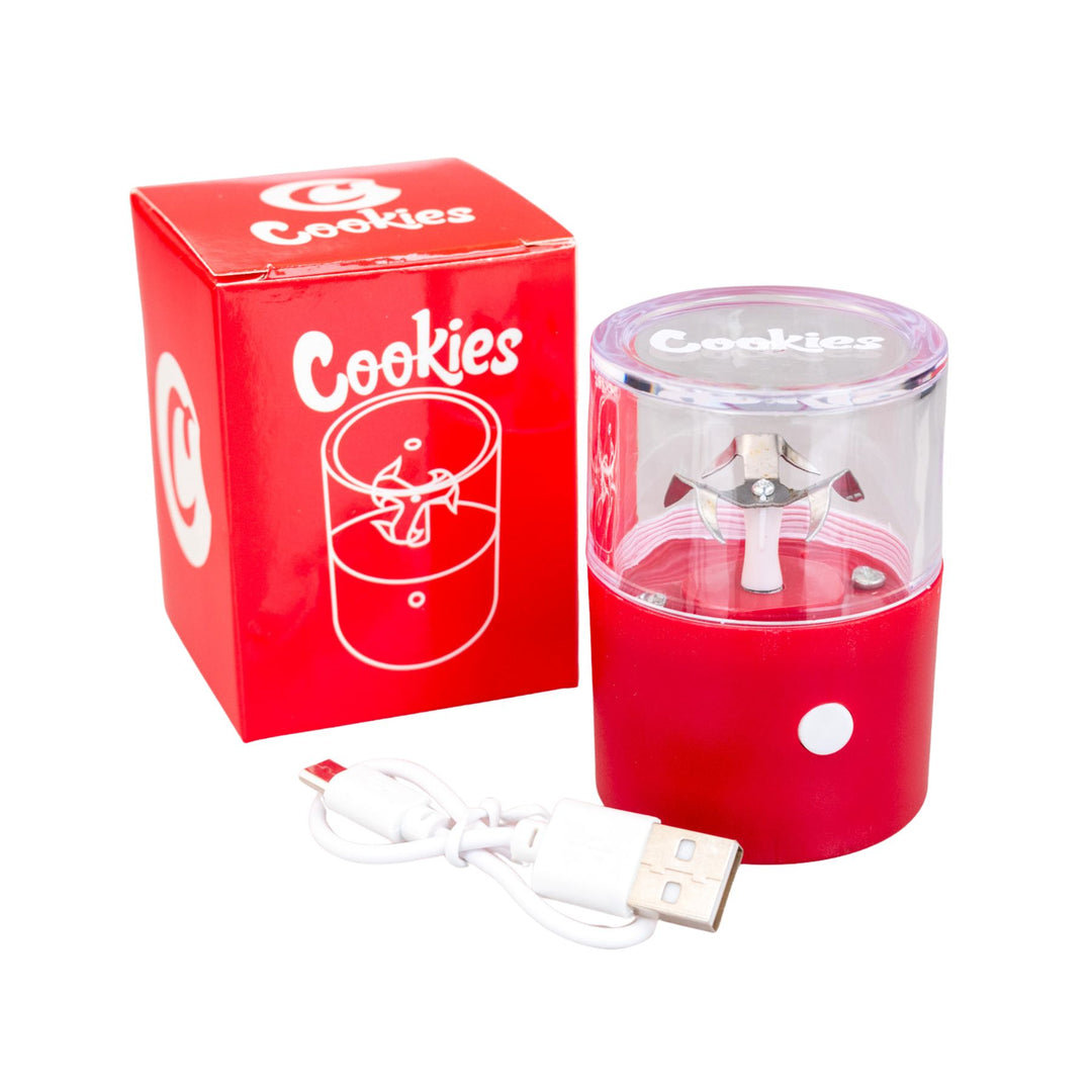 "Red Cookies Electric Grinder on a white background," - Up N Smoke.