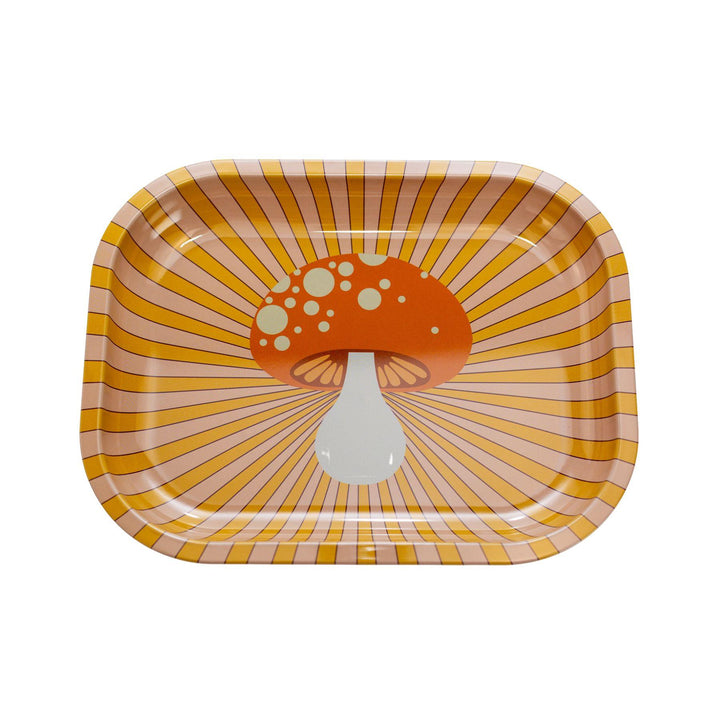 "Retro mushroom rolling tray with a colorful vintage mushroom design, measuring 7 inches by 5.5 inches, featuring a smooth surface for easy rolling and compact for portability." -  Up N Smoke.