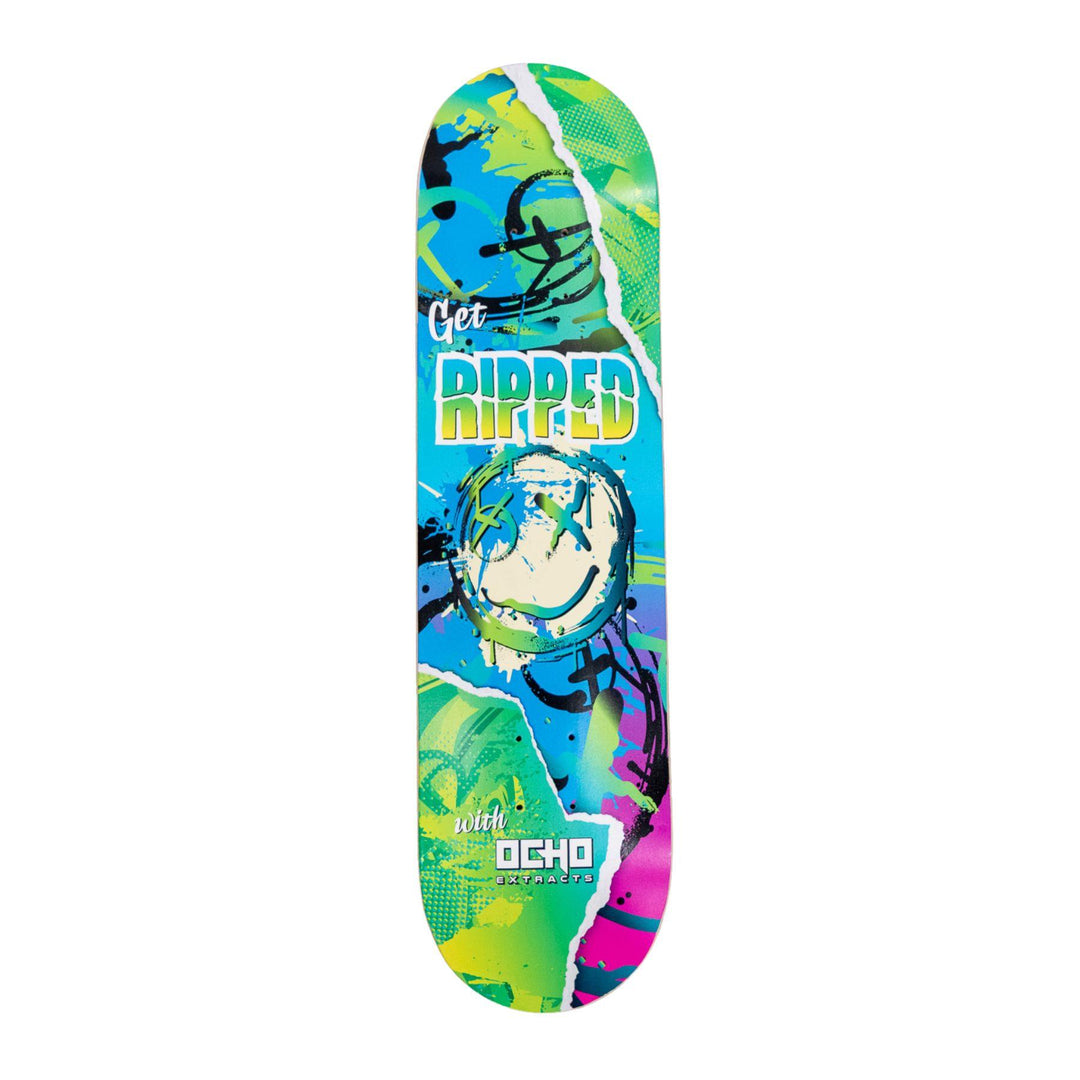 "Colorful skateboard deck designed by Ocho Extracts on a white background," - Up N Smoke.