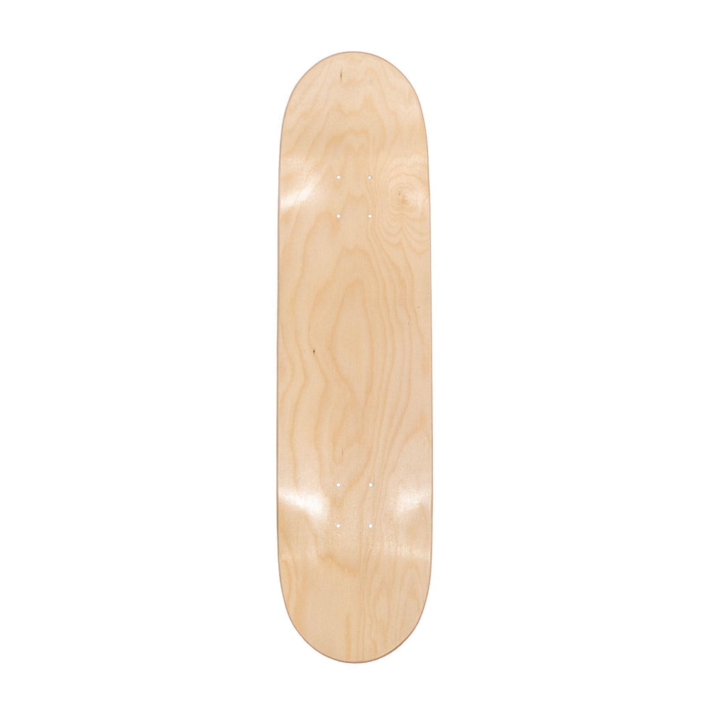 "Plain wooden skateboard deck on a white background," - Up N Smoke.