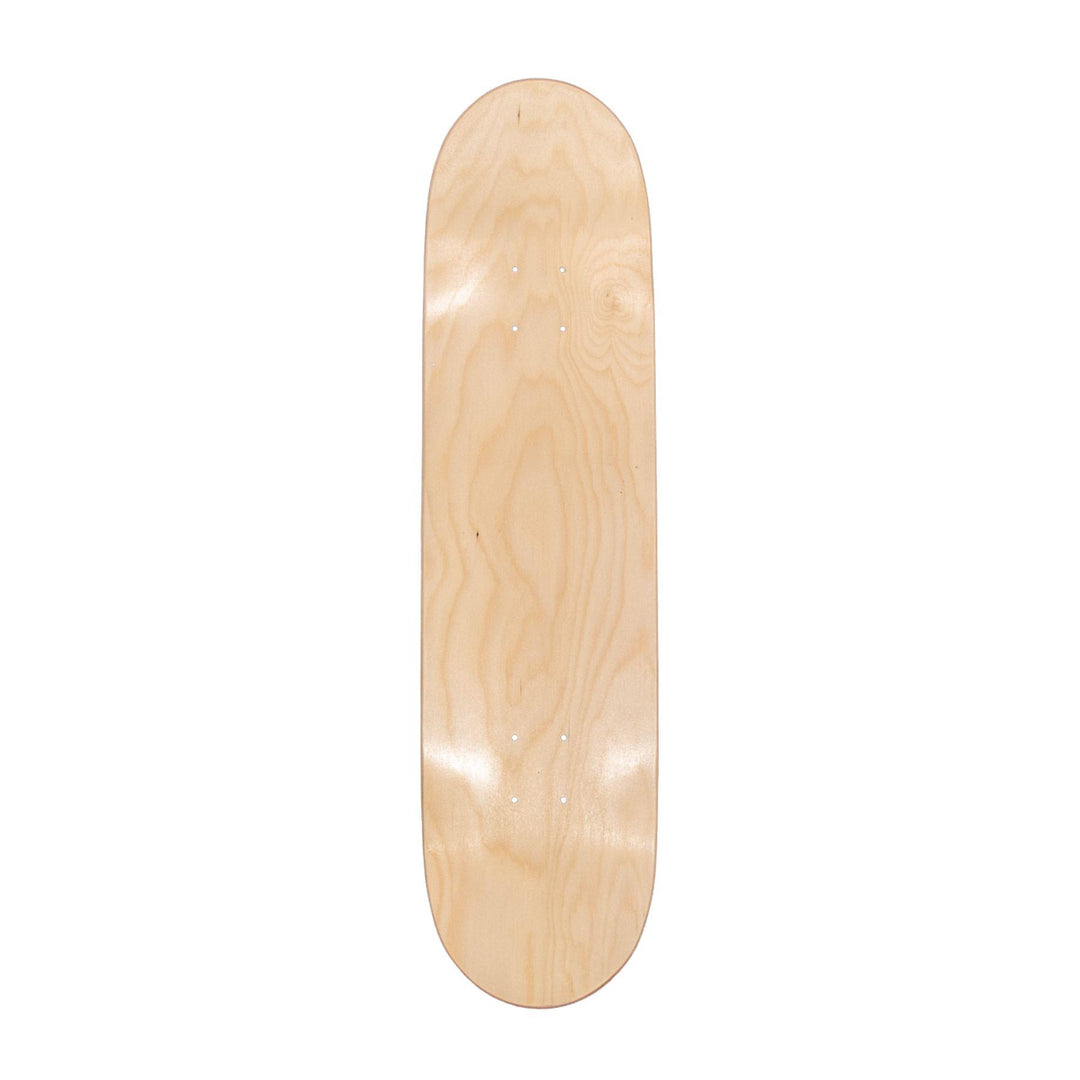 "Plain wooden skateboard deck on a white background," - Up N Smoke.