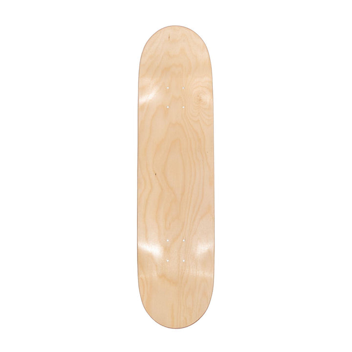 "Plain wooden skateboard deck on a white background," - Up N Smoke.