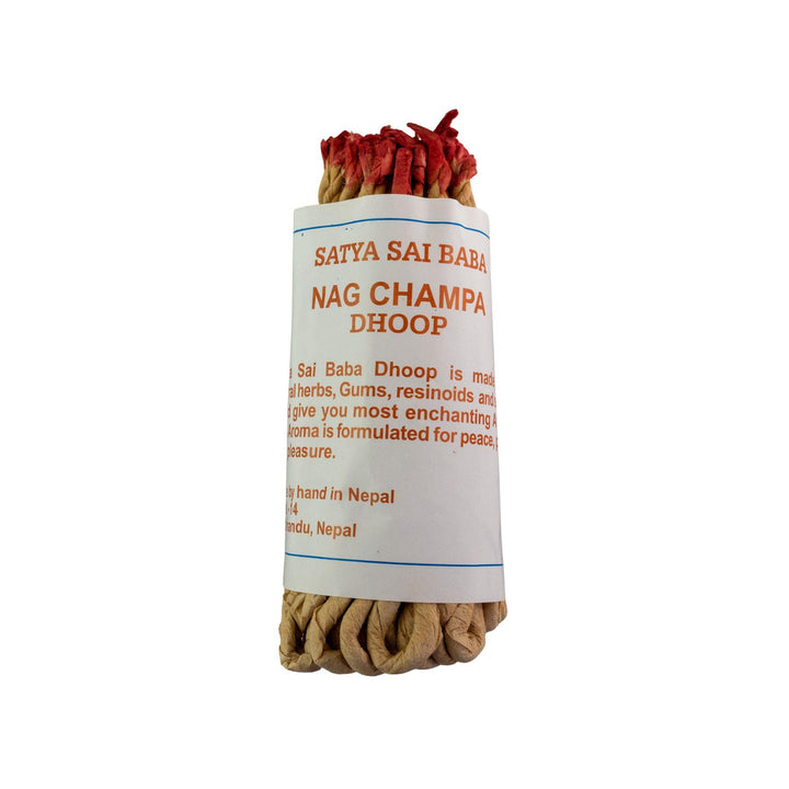"Satya Sai Baba Nag Champa Dhoop rope incense sticks wrapped in a white paper label on a white background," - Up N Smoke.