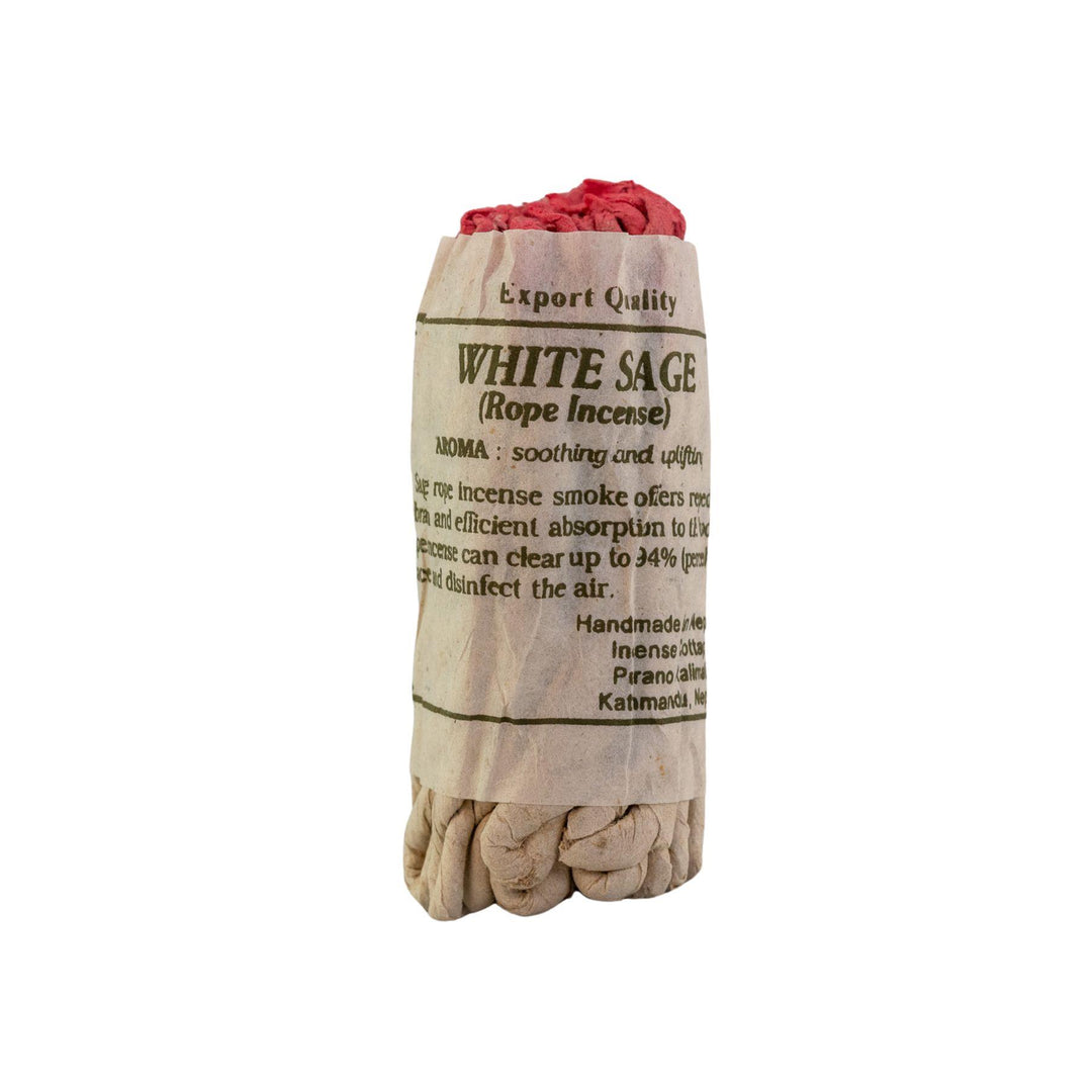 "White sage rope incense in a paper packaging on a white background," - Up N Smoke.