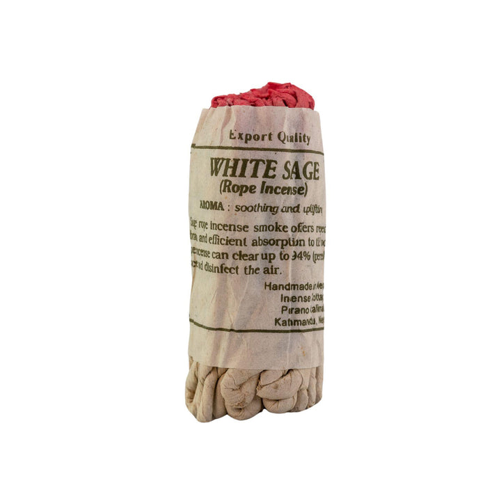 "White sage rope incense in a paper packaging on a white background," - Up N Smoke.
