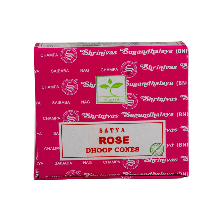 Box of Satya Rose Dhoop Cones with pink packaging and brand logo.