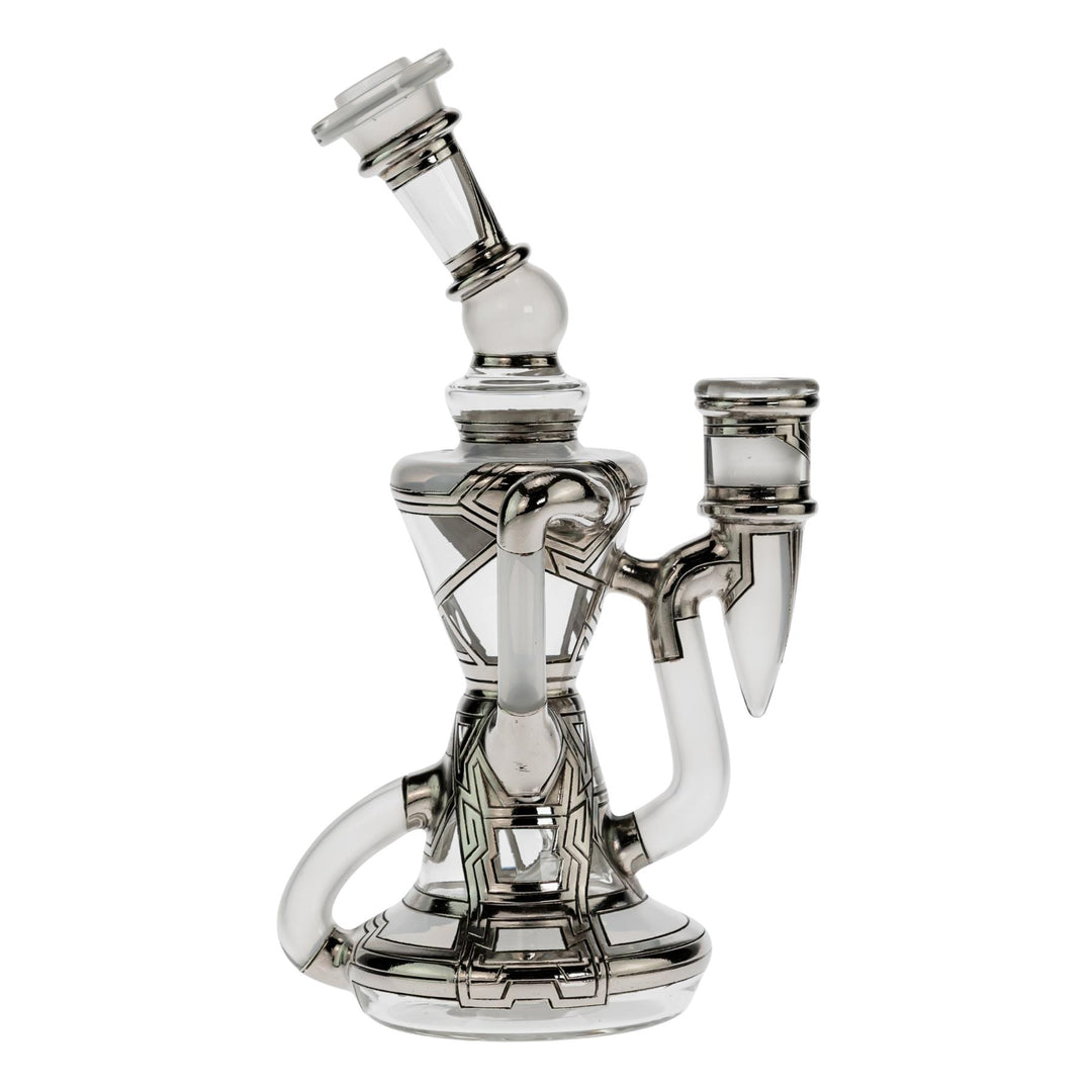 "Right side of a Ryan Fitt Klein Recycler with a frosted bodice and silver geometric accents on a white background," - Up N Smoke.