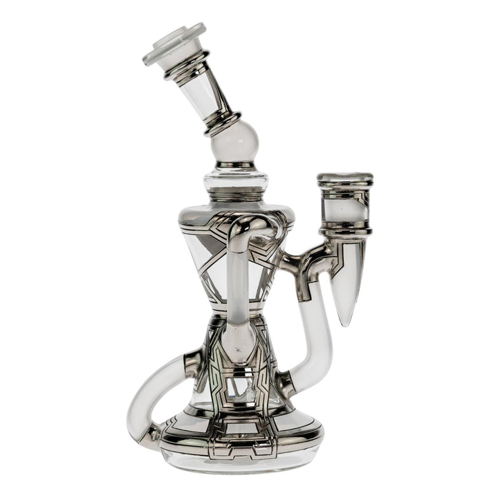 "Right side of a Ryan Fitt Klein Recycler with a frosted bodice and silver geometric accents on a white background," - Up N Smoke.