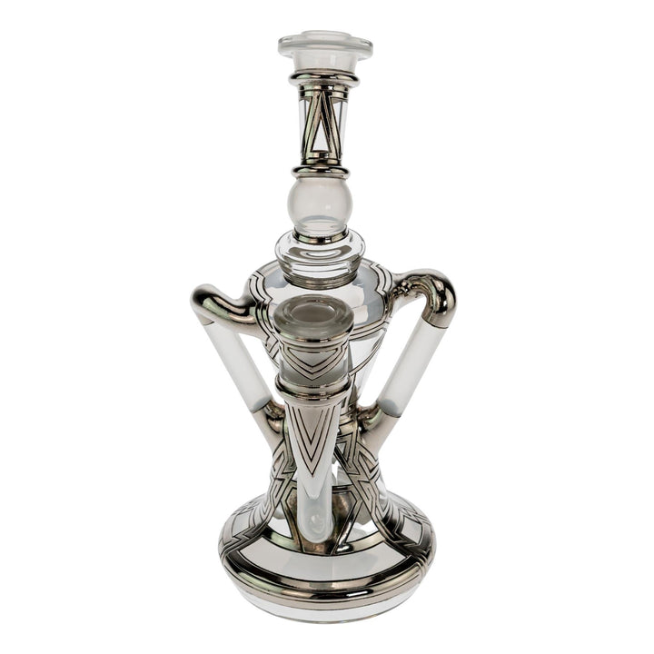 "Front of a Ryan Fitt Klein Recycler that has a frosted bodice with silver geometric embellishments on a white background," - Up N Smoke.