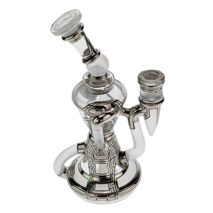 "Right side of a Ryan Fitt Klein Recycler that has a frosted bodice and silver geometric accents on a white background," - Up N Smoke.