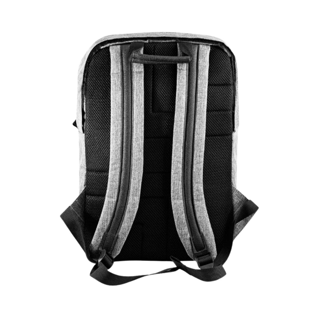 "Back of a gray SK9 Urban Backpack on a white background," - Up N Smoke.