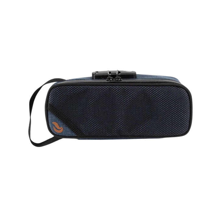 "Frontal photograph of a navy denim SK9 Medium Sidekick Smell-Proof Bag." - Up N Smoke.