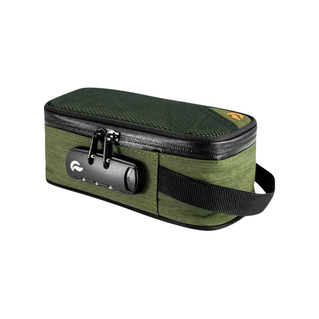 "A small green smell-proof container that features a lock is pictured here." - Up N Smoke.