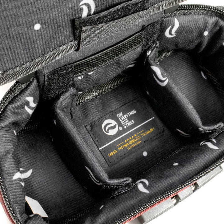 "An open SK9 Small Sidekick Smell-Proof Bag is open to show the dividers and pockets included." - Up N Smoke.