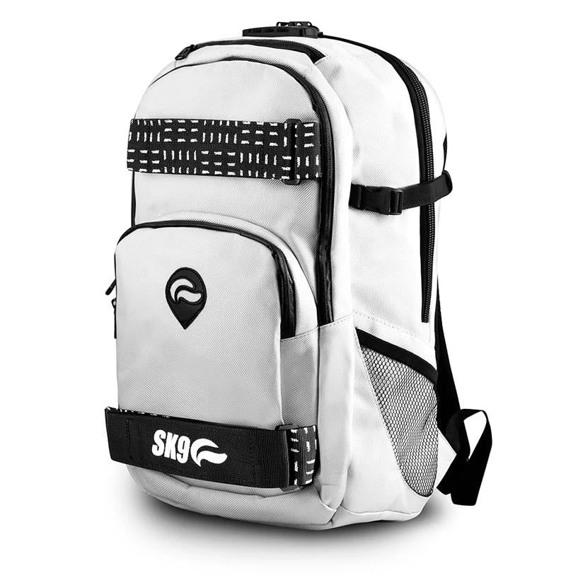 Skunk Bags White Nomad Skater Smell Proof Backpack Skewed Front Angle - Up N Smoke