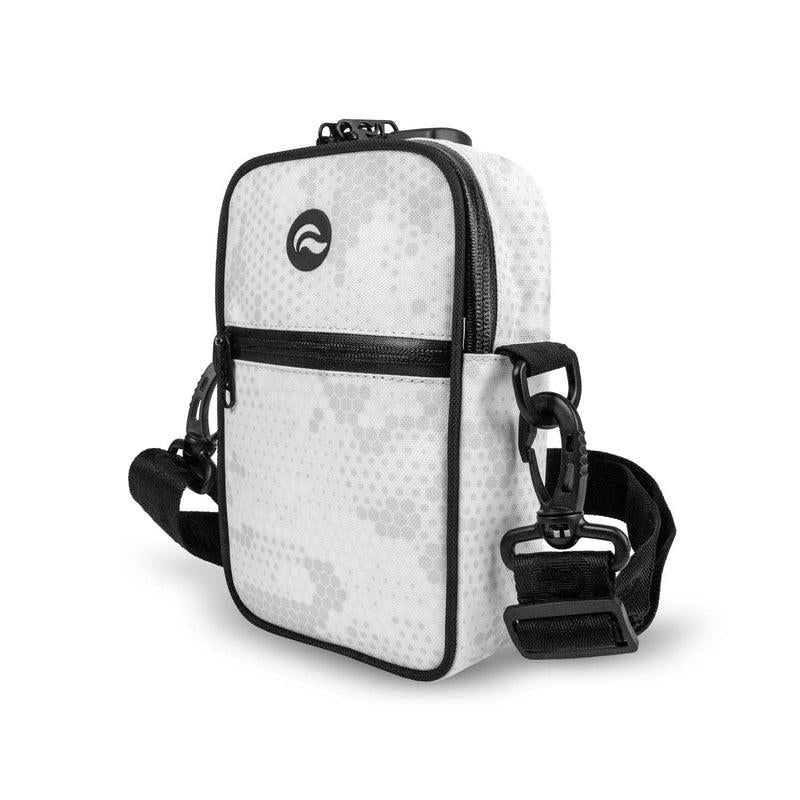 Skunk Bags Slide W/Lock Crossbody Smell Proof Bag Atomic White Skewed Front Angle- Up N Smoke