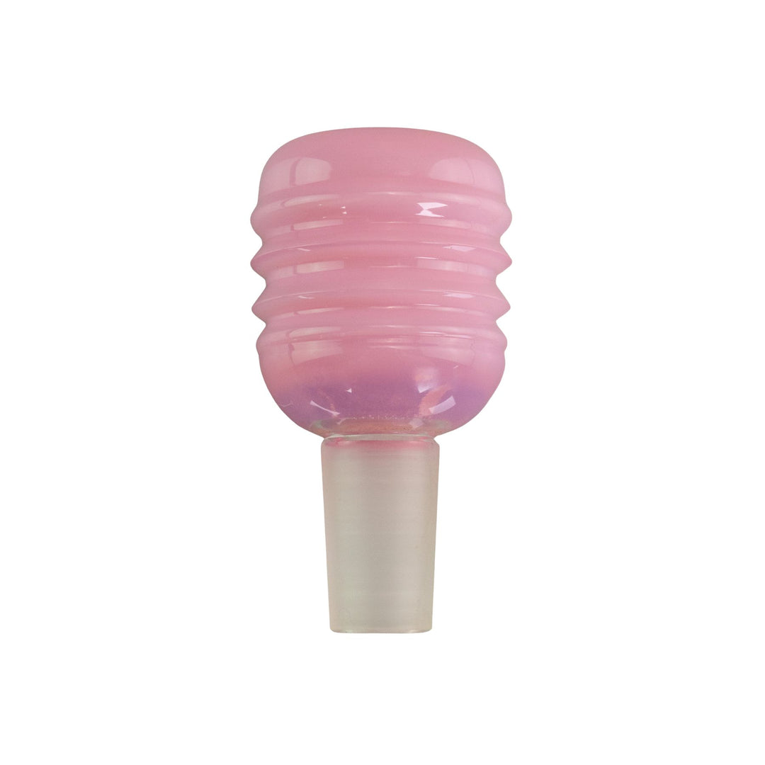 "Light pink STR8 Glass Screened Bowl on a white background," - Up N Smoke.