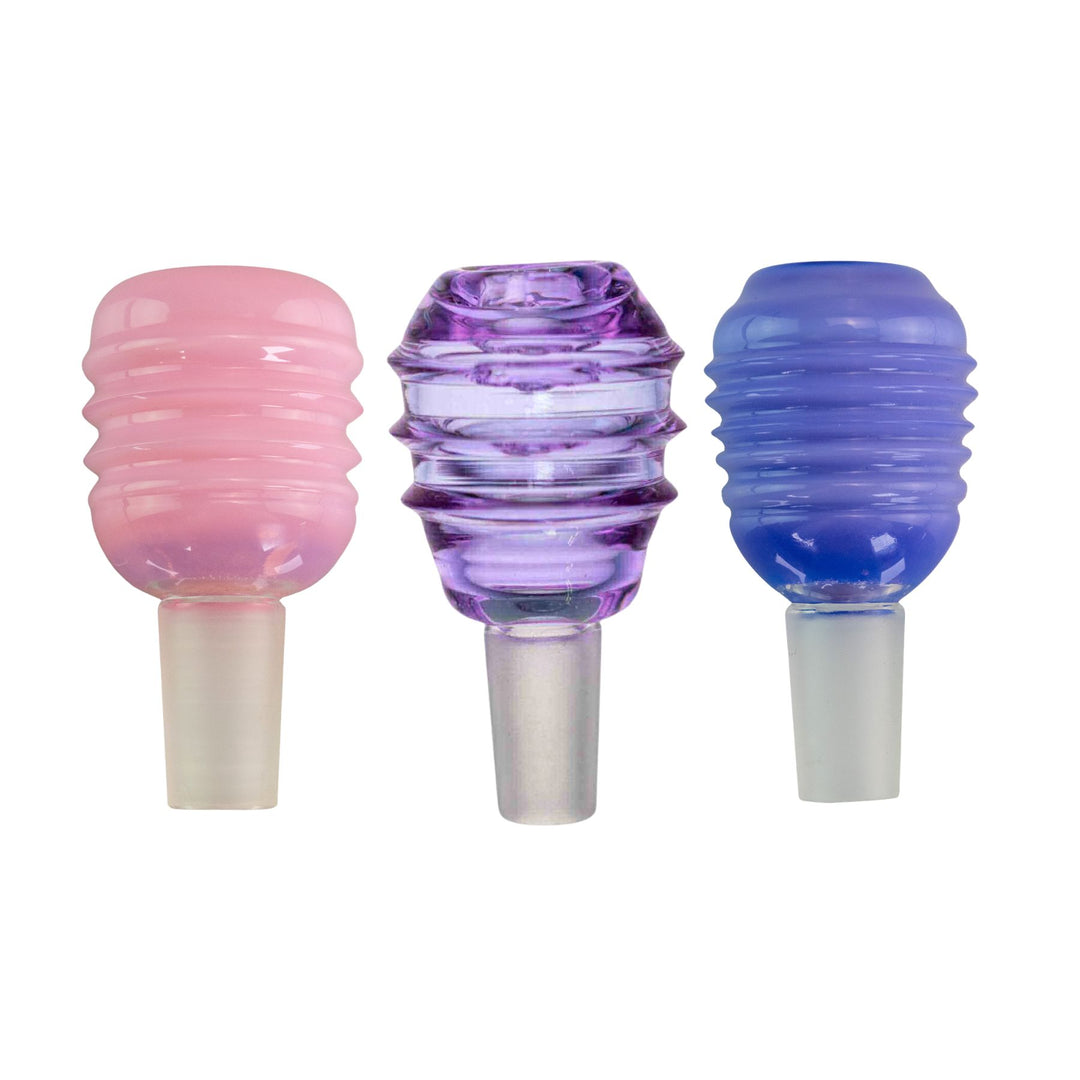 "Three colorful STR8 Glass Built-In Screen Bowls on a white background," - Up N Smoke.