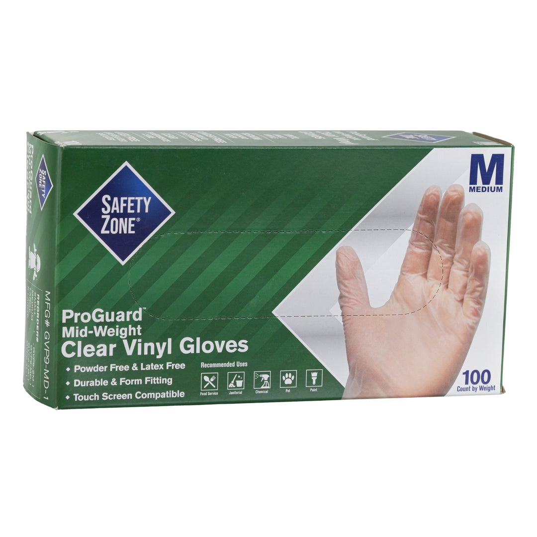 Safety Zone Clear Vinyl Gloves 100ct Medium displayed on a white background - Up N Smoke
