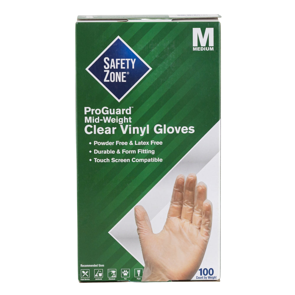 Safety Zone Clear Vinyl Gloves 100ct Medium displayed on a white background back of box angle - Up N Smoke