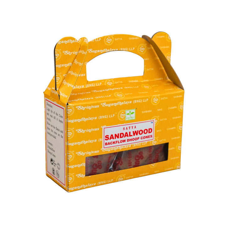 Yellow box of Satya Sandalwood Backflow Dhoop Cones on a white background