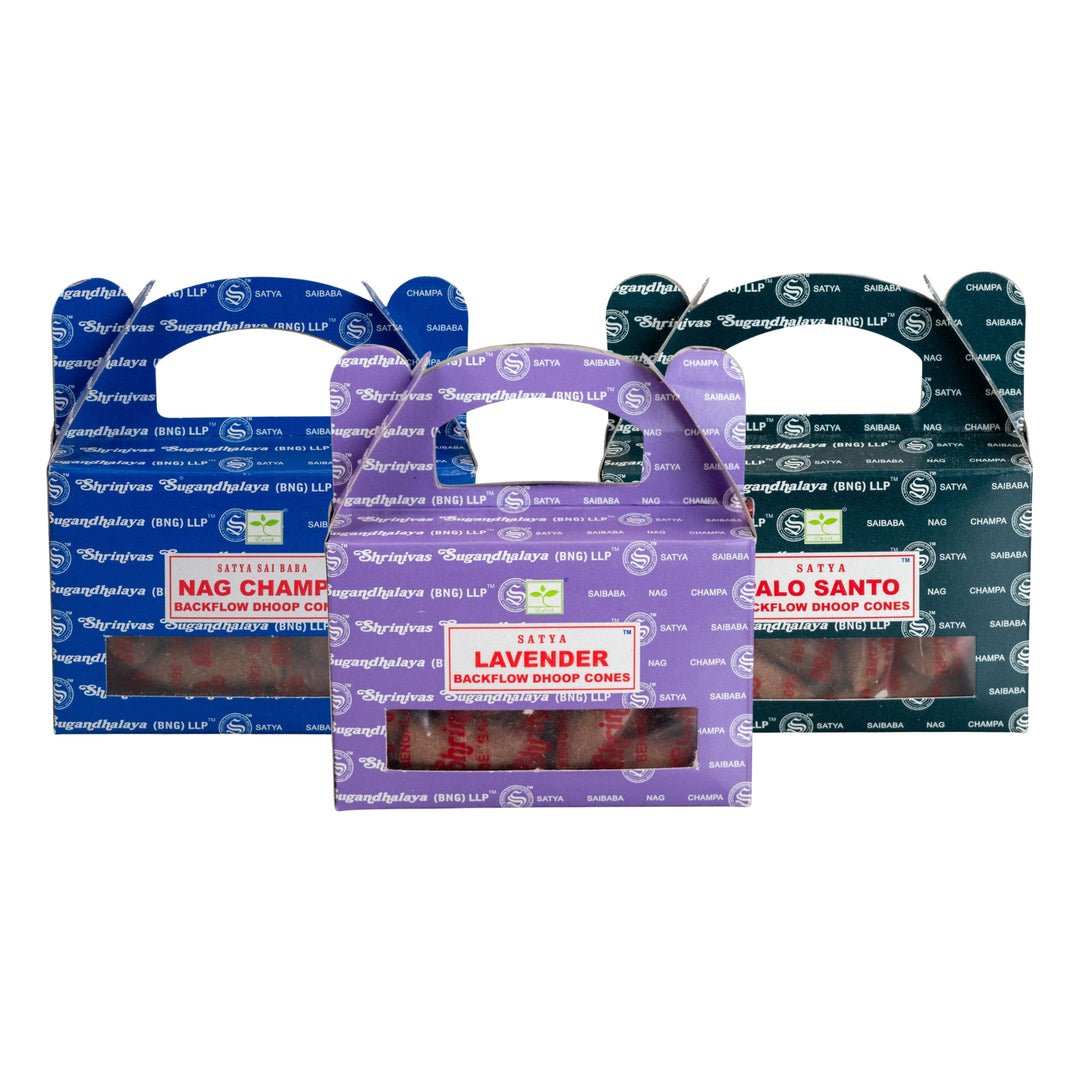 Three boxes of Satya Backflow Dhoop incense cones on a white background