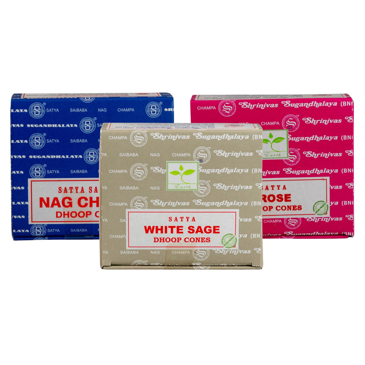 Three boxes of Satya incense cones in different colors on a white background