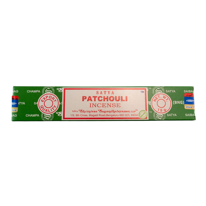 Satya Patchouli incense packaging on a white background - Up N Smoke