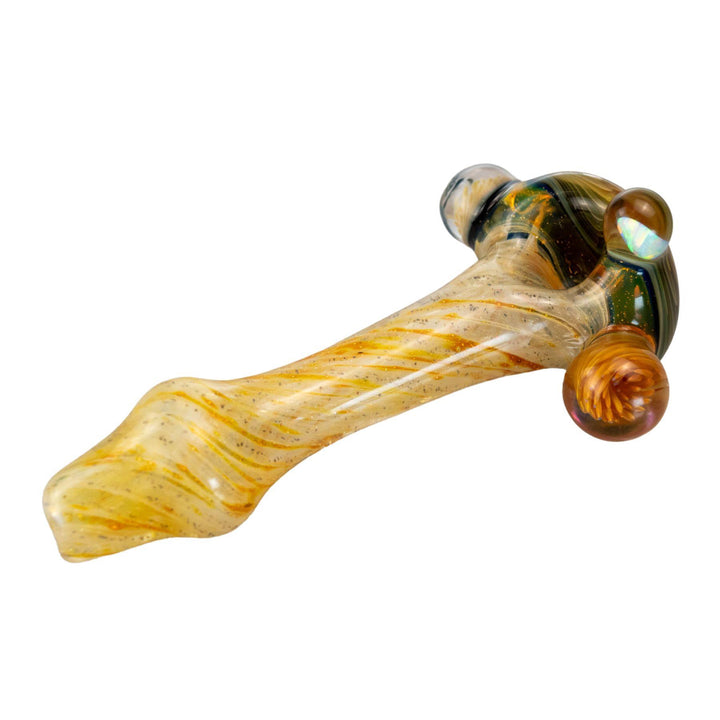 "Gold-fumed glass hand pipe with a swirling opal accent and intricate blue and orange marble details." - Up N Smoke.