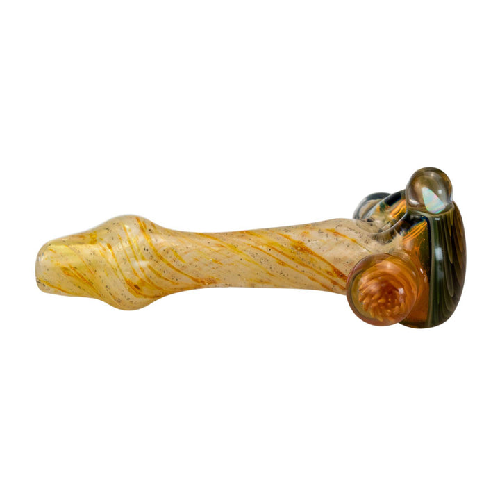 "Artistic glass hand pipe with fading blue and orange swirls, an opal inlay, and glittered handle accents." - Up N Smoke.