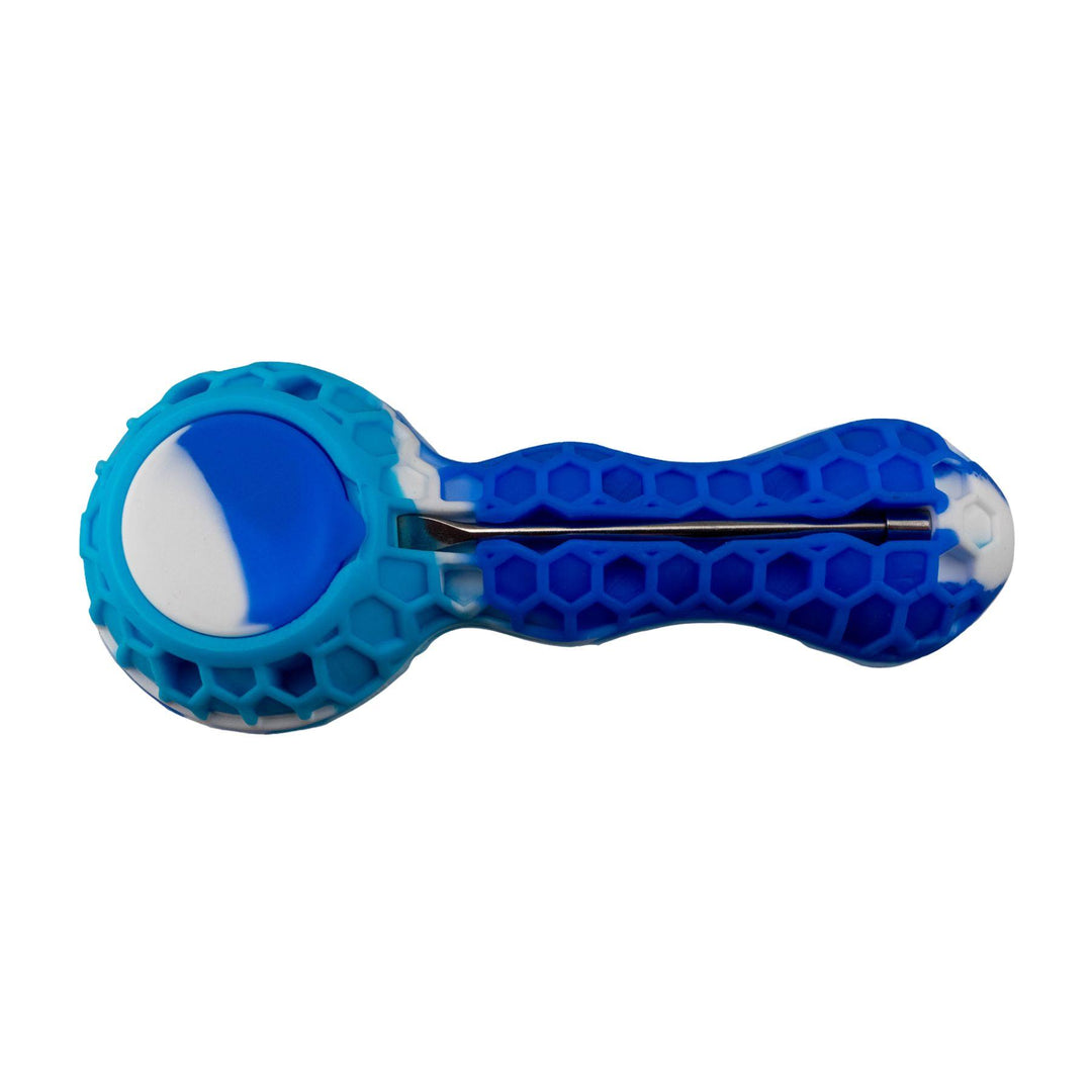 "Bottom of a Silicone Bee Pipe that includes a metal spoon tool and a storage compartment," - Up N Smoke.