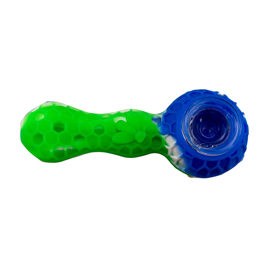 "Green and blue Silicone Bee Pipe that has a honeycomb-pattern and a bee on the bodice," - Up N Smoke.