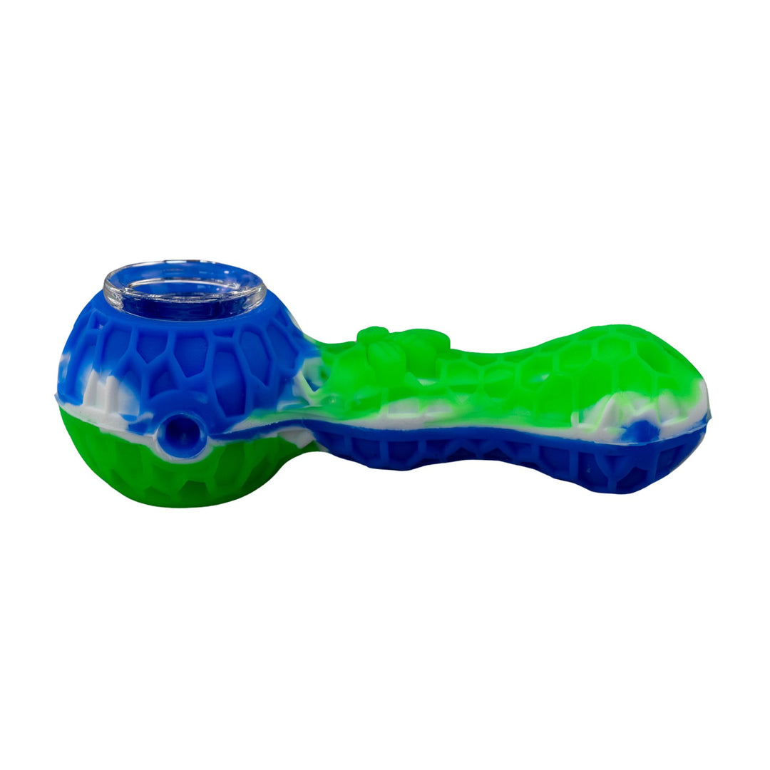 "Green and blue silicone pipe with a honeycomb-pattern on a white background," - Up N Smoke.