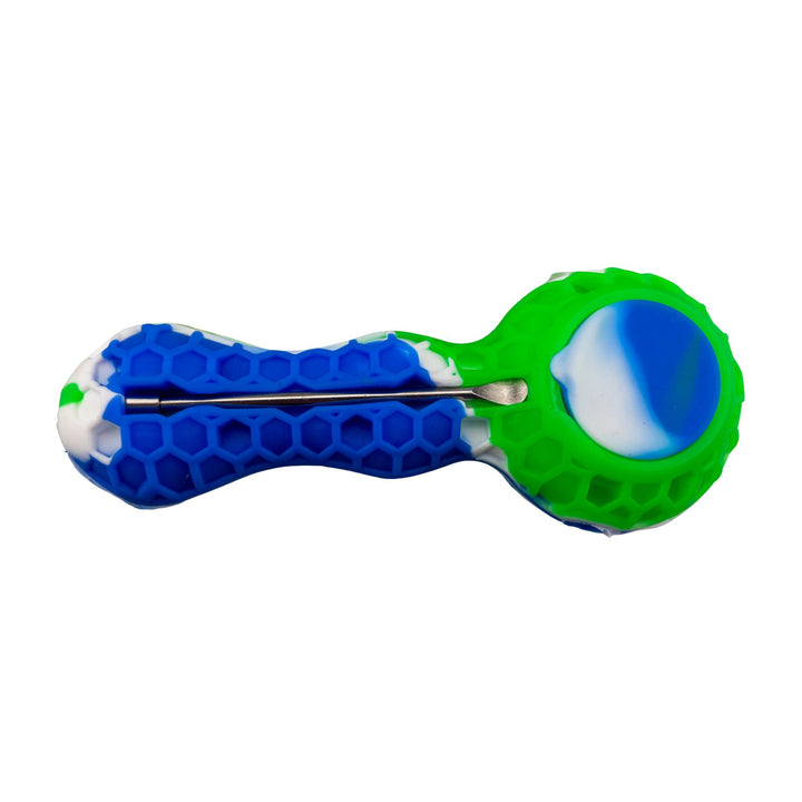 "Multicolor silicone hand pipe with a metal spoon tool and a storage compartment," - Up N Smoke.