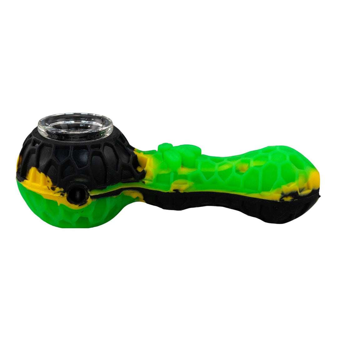 "Left-side of a green and black Silicone Bee Pipe. This piece comes with a removable borosilicate glass bowl for an easy cleanup," - Up N Smoke.