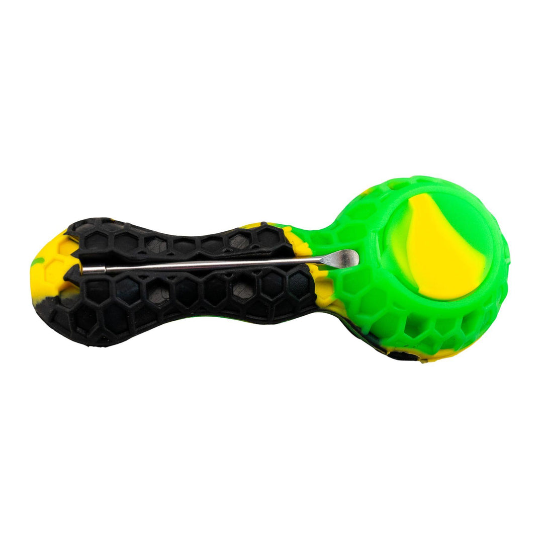 "Bottom of a green and black Silicone Bee Pipe. This piece comes with a metal spoon tool that can be secured in the handle and a storage compartment for your herbs," - Up N Smoke.