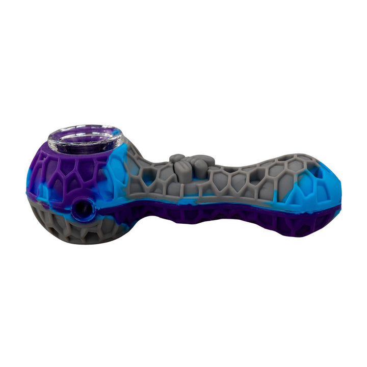 "Left-side of a purple and grey Silicone Bee Pipe with a honeycomb-pattern and borosilicate glass removable bowl," - Up N Smoke.