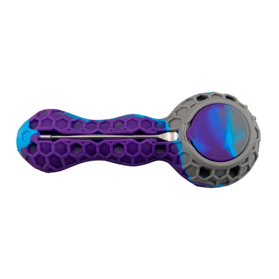 "Bottom of a Silicone Bee Pipe that comes with a metal tool that can be stored in the bodice," - Up N Smoke.