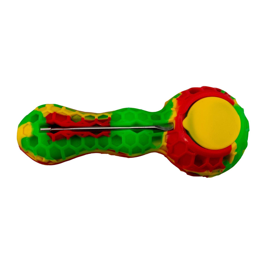 "Bottom of a rasta-colored Silicone Bee Spoon that includes a metal tool and a storage compartment," - Up N Smoke.