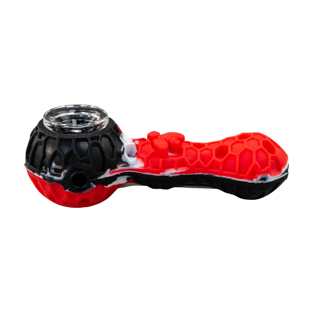 "Left-side of a red and black Silicone Bee Spoon that comes with a removable borosilicate glass bowl for easy cleanup," - Up N Smoke.